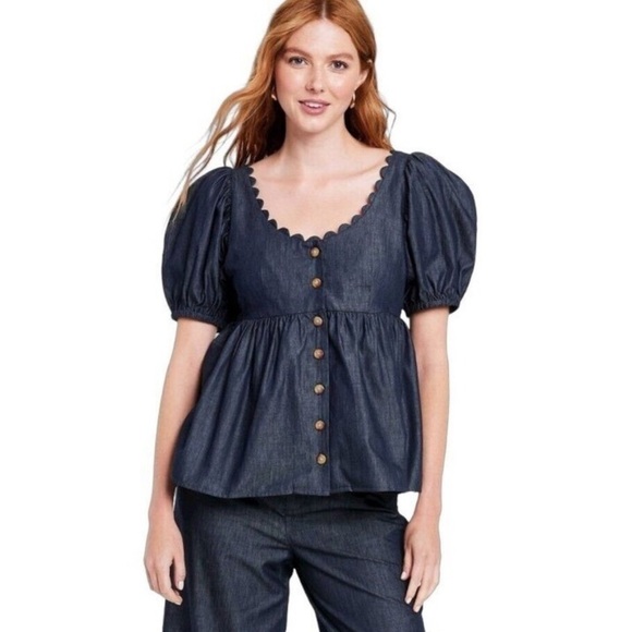 Kika Vargas Tops - 𝅺Kika Vargas Chambray Puff Sleeve Button-Down NWT XXS